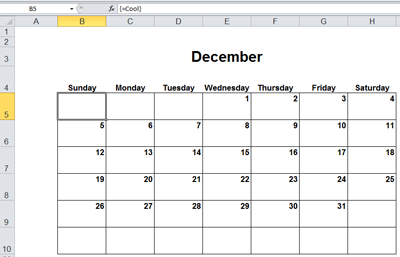 Calendar in Excel - December