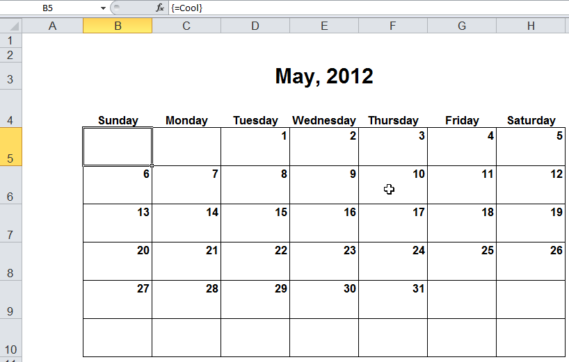 Calendar in Excel with One Formula (Array Entered, of Course!) Excel