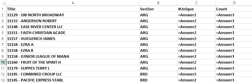 Top Part of the Worksheet with Formulas