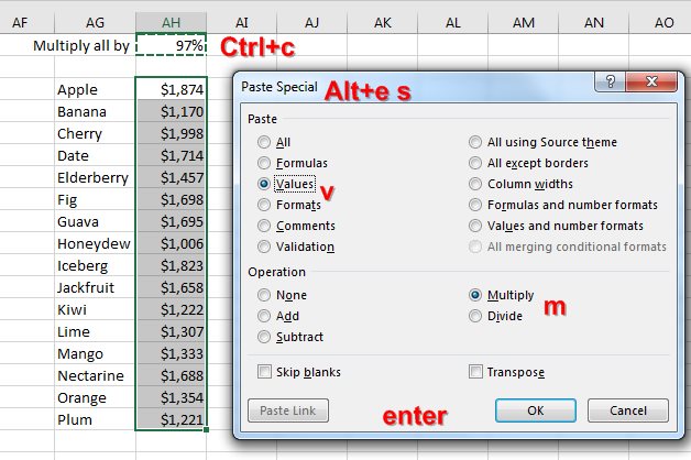 excel shortcut keys paste special values