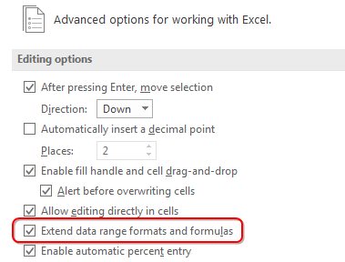 Extend data range formats and formulas.