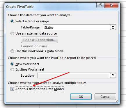 Add to Data Model by creating an unused pivot table