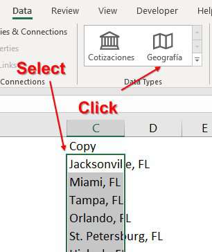 Select the cells and click Geography