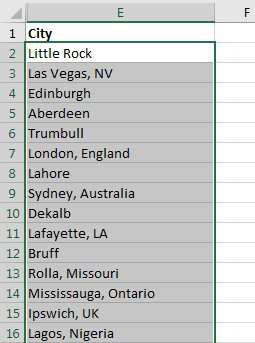 Select some cells containing cities