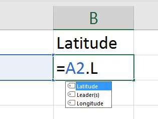 Press tab to insert the latitude in B2.