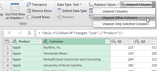 Select columns A and B in Power Query. On the Ribbon, choose Unpivot other columns.