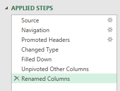 On the right side of the Power Query Editor, a list of Applied Steps. For this example, you have Source, Navigation, Promoted Headers, Changed Type, Filled Down, Unpivoted Other Columsn, Renamed Columns.