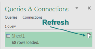 The Queries & Connections panel lists one query called Sheet1 with 68 rows loaded. If you make the panel wider and hover over Sheet1, a refresh icon appears.