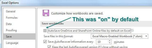 Go to Excel Options and choose Save along the left. Find and turn off the setting for AutoSave OneDrive files and SharePoint Online files by Default in Excel.