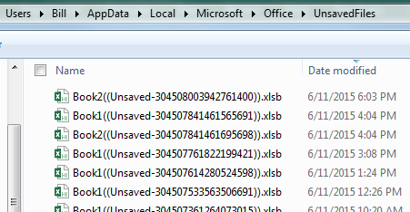 A bunch of unsaved workbooks are shown in C:\Users\Bill\AppData\Local\Microsoft\Office\UnsavedFiles.