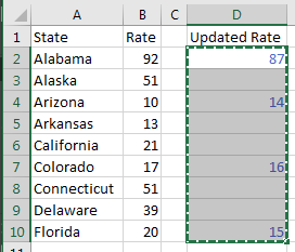 There are numbers in B2:B10. You want to update four of the numbers, so you type replacement values in D2, D4, D7, and D10. Select the entire range D2:D10 and Ctrl+C to copy.