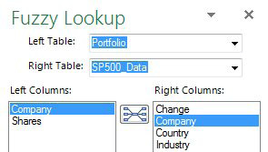 In the top of the Fuzzy Lookup panel, specify the Left Table is Portfolio. The Right Table is SP500_Date. In the Left Columns box, choose Company. In the Right Columns box, choose Company.