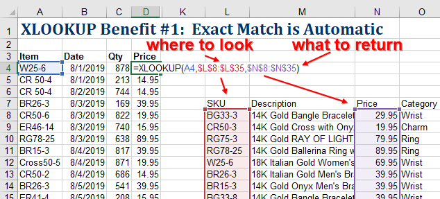XLOOKUP the value in A4. Look in L8:L35. Return the corresponding price from N8:N35.