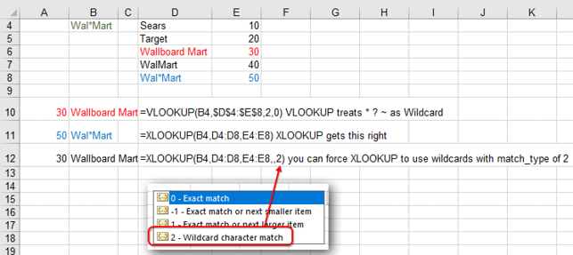Very few people realized that VLOOKUP is treating asterisks in the lookup value as a wildcard. By default, XLOOKUP is not using wildcards, but you can force it to behave like VLOOKUP if you use a Match Mode of 2: Wildcard Character Match.