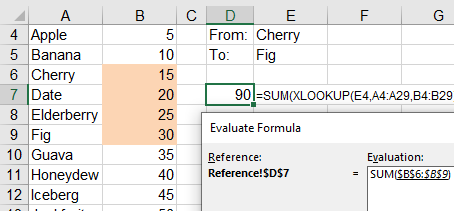 After evaluating the second XLOOKUP, the interim formula is =SUM(B6:B9).