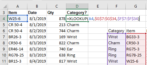 With XLOOKUP, there is no problem returning the Category from column F while looking up part numbers in column G. This was always VLOOKUP's weakness: it could not look to the left.