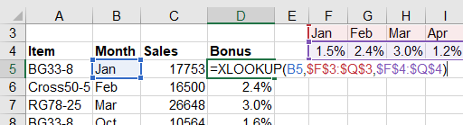 Here the lookup table is horizontal. In the past, this would require HLOOKUP, but XLOOKUP can deal with a table that goes sideways.