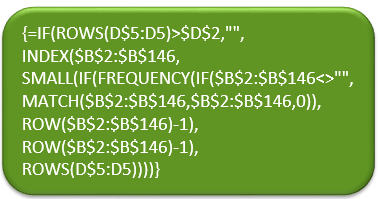 This was the insane formula to get the unique list before Dynamic Arrays: =IF(ROWS(D$5:D5)>$D$2,"",
INDEX($B$2:$B$146,
SMALL(IF(FREQUENCY(IF($B$2:$B$146<>"",
MATCH($B$2:$B$146,$B$2:$B$146,0)),
ROW($B$2:$B$146)-1),
ROW($B$2:$B$146)-1),
ROWS(D$5:D5))))