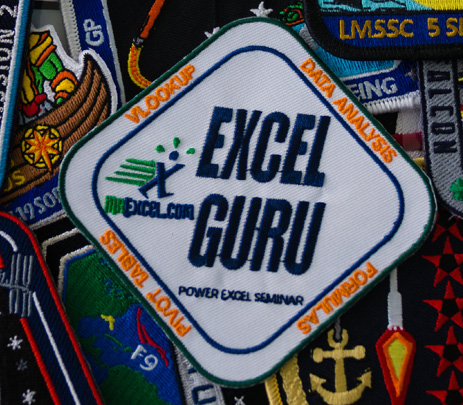 With a bunch of NASA mission patches in the background, this shows the MrExcel.com Excel Guru path. Around the border, it lists VLOOKUP, DATA ANALYSIS, FORMULAS, PIVOT TABLES.