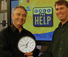 Leo Laporte and Bill Jelen with the Excel Function Clock on the set of Call For Help.