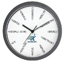 An analog clock, where each number is represented by a different Excel function.