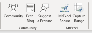 Two new icons on the right side of the Help tab: MrExcel Forum and Capture Range.