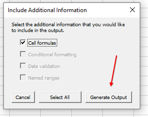 After clicking Capture Range, a dialog appears where you can Include Additional Information. You can choose to include Cell Formulas, Conditional Formatting, Data Validation, and or Named Ranges.