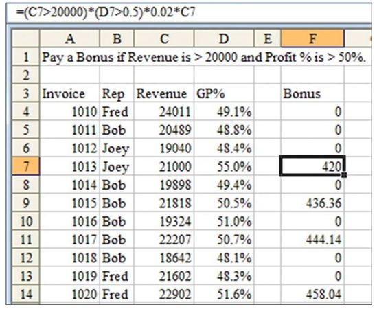 Figure 16. You can multiply the bonus calculation by the results of your AND operations.