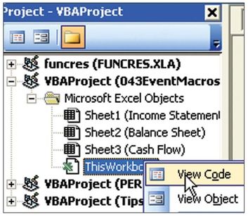 Figure 123. You need to access the code pane for the ThisWorkbook object.