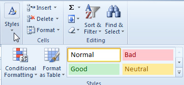 The Cell Styles gallery is reduced to four tiles: Normal, Bad, Good, and Neutral.