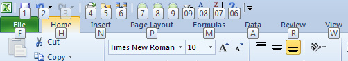 Press and release the Alt key to add Key Tips to the Ribobn tabs and to the icons in the QAT.  The QAT icons are numbered 1 through 9, then 09, 08, 07, and so on. Each Ribbon tab has a key tip: F for File, H for Home, N for Insert, P for Page Layout, M for Formulas, A for Data, R for Review, W for View.