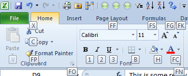 Type H to bring focus to the Home tab of the Ribbon. Now, each comand had a set of icons:  X for Cut, C for Copy, FP for Format Painter, and so on.