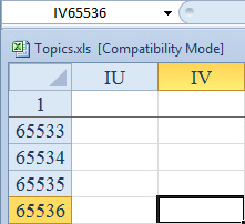 In Compatibility Mode, the worksheet ends at IV65536