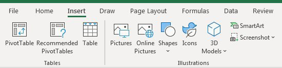 The Insert tab of the Ribbon offers icons that do one thing: Pivot Table, Recommend Pivot Table, Table, Picture. Then there are icons where the bottom half is a drop-down: Shapes. Finally, there are smaller drop-downs where you have to open the drop-down to get to any commands.