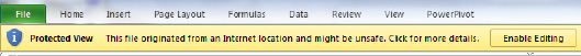 The message below the Ribbon is "Protected View This file originated from an Internet location and might be unsafe. Click for more details. A button allows you to Enable Editing.