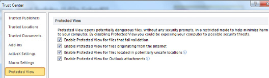 You can toggle Protected View for (a) files that fail validation, (b) files that originated from the Internet, (c) Files located in potentially unsafe locations, (d) Outlook attachments.