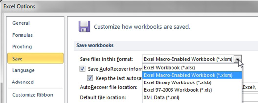 In File, Options, Save, the first choice lets you specify that files should be saved in XLSM or any other file type.