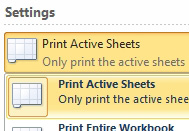 A drop-down menu says "Print Active Sheets". Open the drop-down and you can choose Print Entire Workbook, Print Selection. It was a cool U.I. implementation when it was new in 2007.