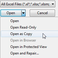 In the File, Open dialog, do not click the Open button. Instead, use the drop-down next to open. You can then Open as Copy. Other choices include: Open Read-Only, Open and Repair, Open in Protected Mode, and Show Previous Versions.