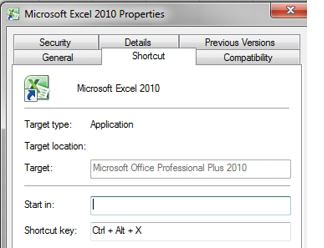 Right-click the Excel icon and choose Properties. There is a field where you can specify a Shortcut key, such as Ctrl+Alt+X.