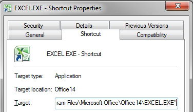 In the Excel icon properties, go to after Excel.exe and type a path and file name that you want to open.