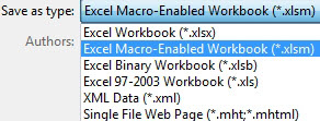 In the Save As dialog, open the Save As Type menu. There are files for XLSX, XLSM, XLSB, XLS, XML, and more.