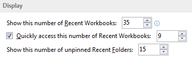 Three settings:  Show 35 Recent Workbooks. Quickly Access This Number of Recent Workbooks (9) and View This Number of Unpinned Recent Folders. The is set tp 15.