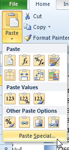 If you use the Paste drop-down arrow (located on the bottom half of the Paste icon), there are a series of consfusing icons. The very last menu entry is Paste Special and takes you to the dialog with all of the choices.