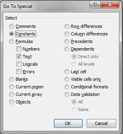 Open the Go To Special dialog. Choose Constants. Four checkboxes appear for Numbers, Text, Logicals, and Errors. Clear the checkboxes from three of them, leaving you only Text selected. Click OK.