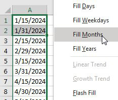 After you let go of the right mouse button, choose Fill Months.