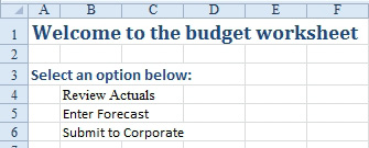 A title in A1 says Welcome to the Budget Worksheet.  An instruction in A3 says Select an Option Below. Cells B4:B6 says Review Actuals, Enter Forecast, Submit to Corporate. These three cells are about to become clickable hyperlinks.