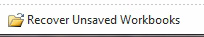 The Recover Unsaved Workbooks icon is at the bottom of the File, Open list.