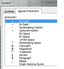 The Symbol dialog box has two tabs: Symbols, and Special Characters.