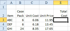 Item is in A, Case Pack is in B, Unit Cost in C, Unit Price in D, and the active cell is in the Total Cost column, in cell E3.